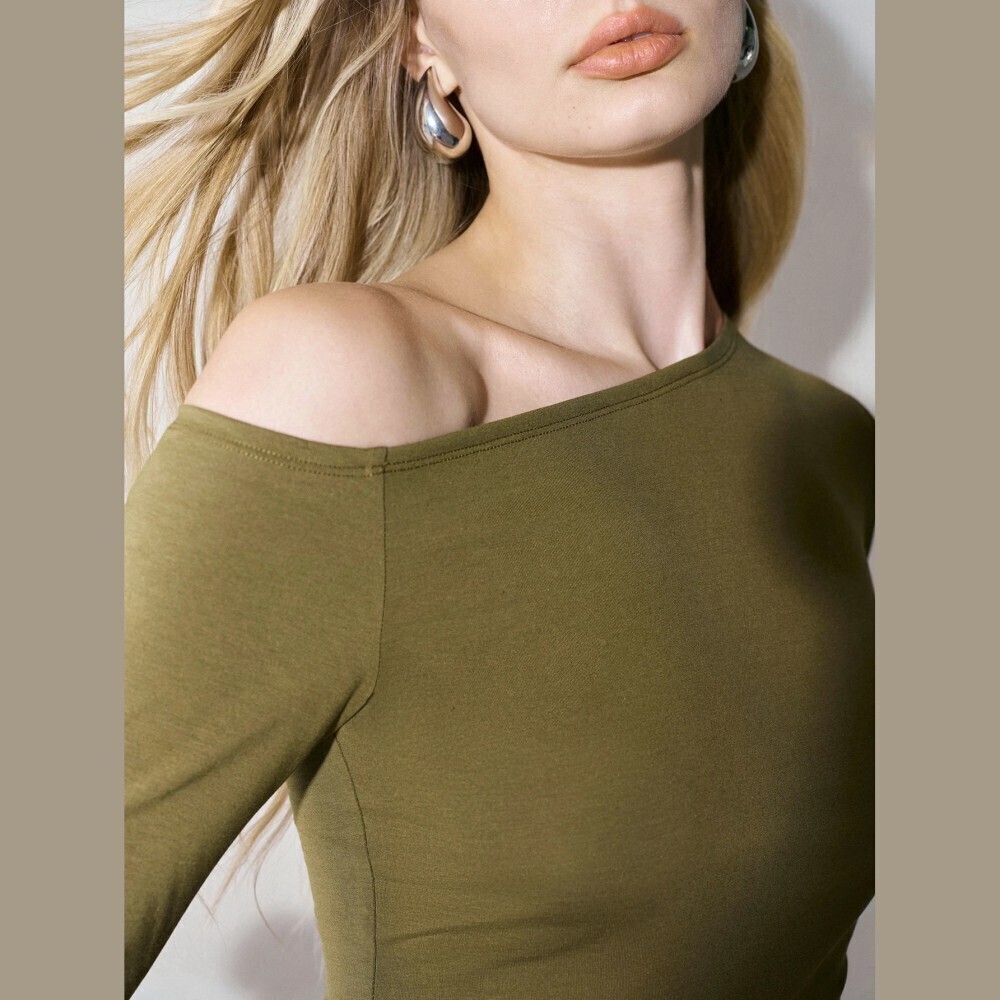 Olive Green Asymmetrical Neck Top with Lace Trim Cuffs - Picture 3 of 6